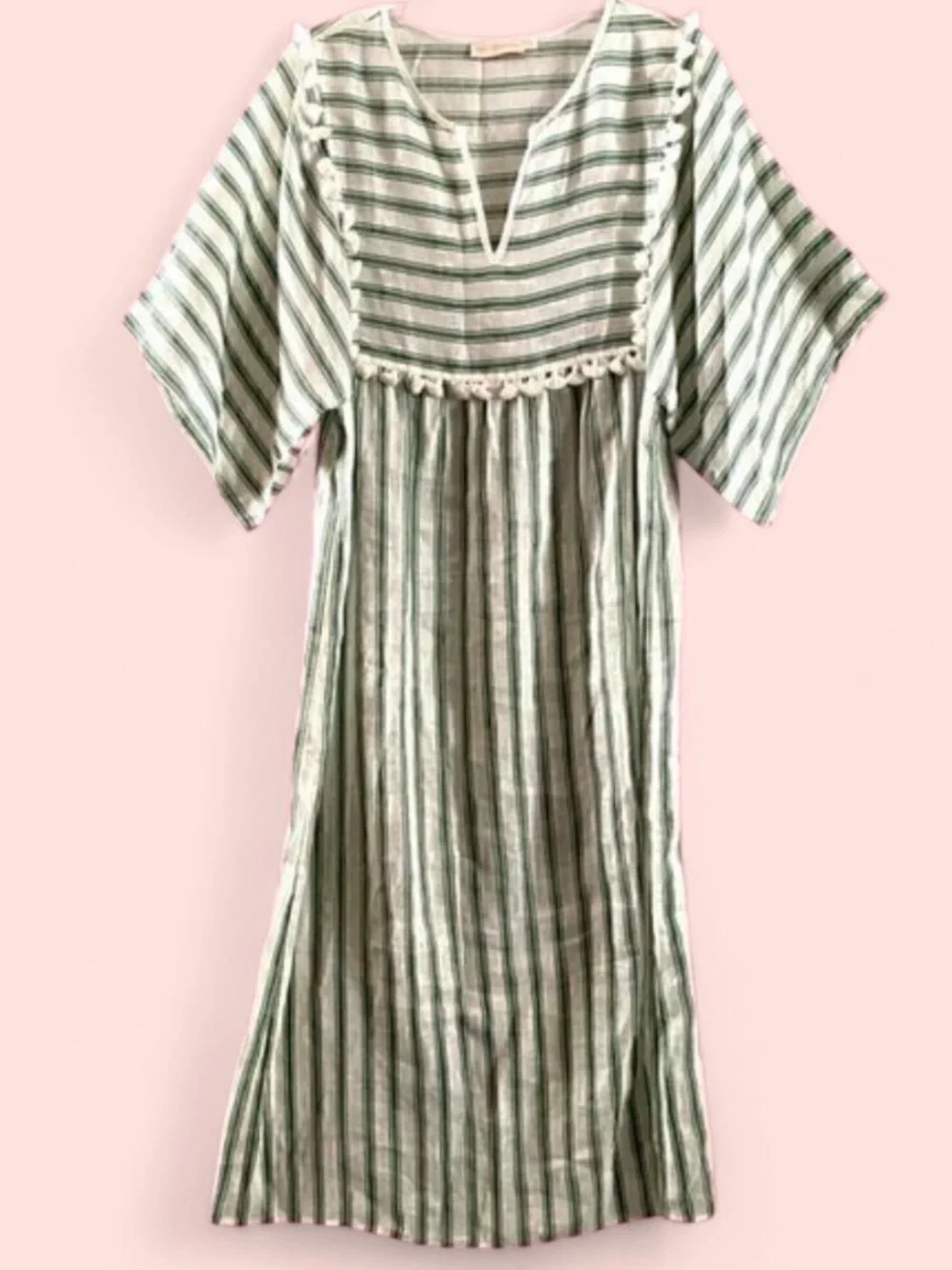 Tory Burch Striped Linen Caftan Size Small Midi Green White Tassels Swim coverup